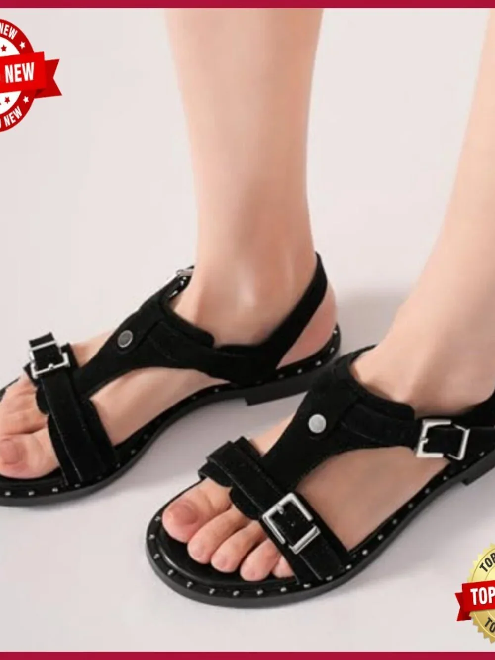 Women's T-Strap Suede Sandals with Ankle Buckle Studded Flats Lightweight